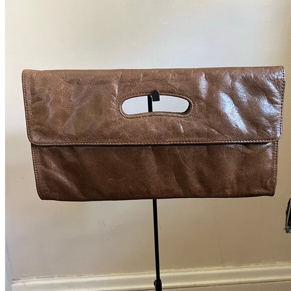 Hobo International Brown Leather Katrina Clutch Fold Over Cutout Handle Envelope - Picture 3 of 16